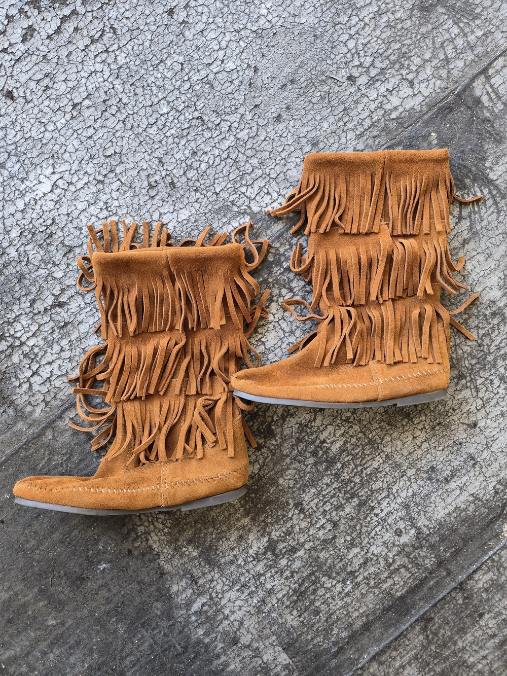 Minnetonka Triple Fringe Suede Ankle Boots in Cognac Tan